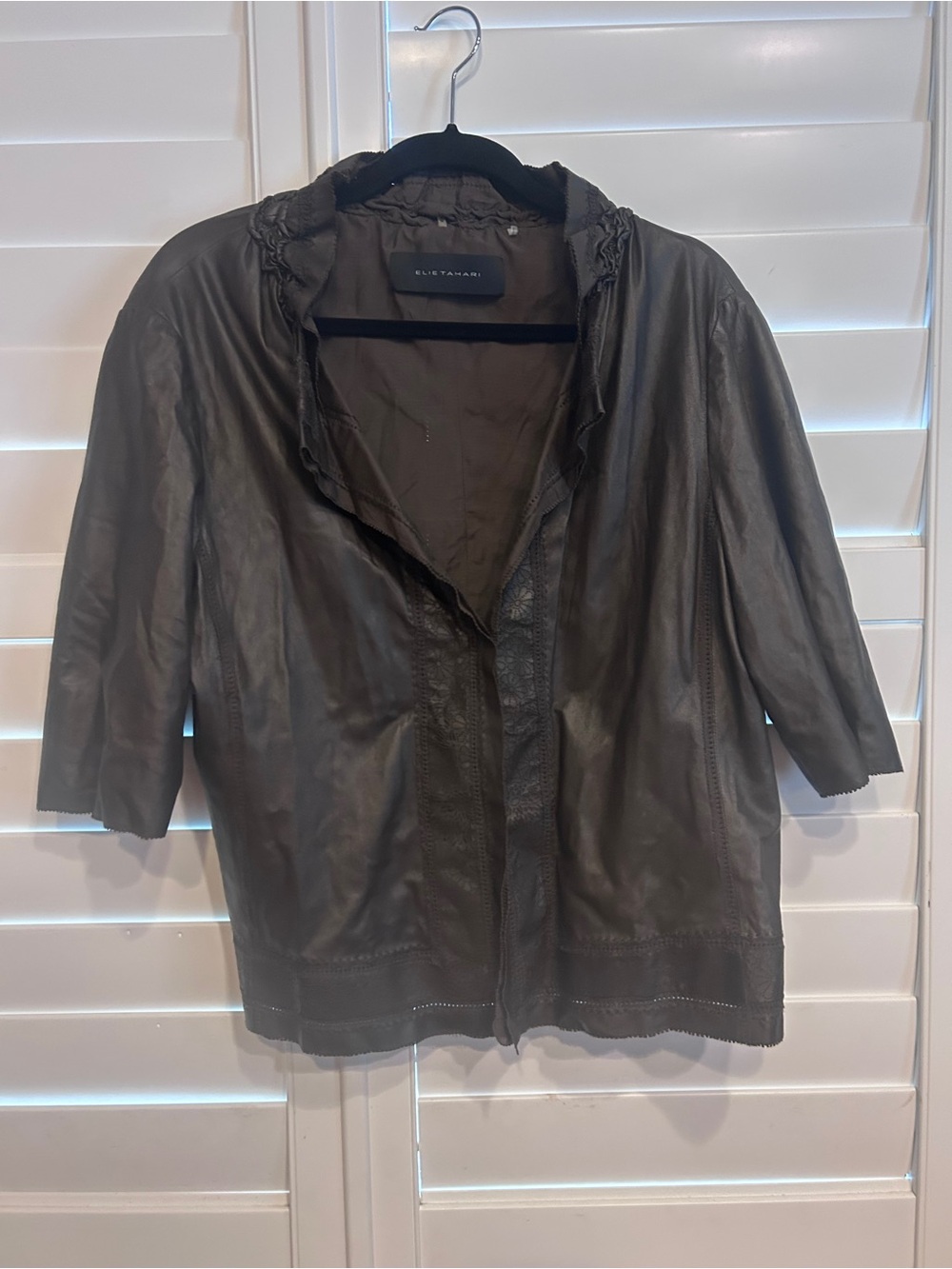 Elie Tahari Ruffle Necked Short Sleeve Blouse Brown Size XL